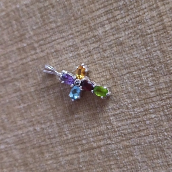 Multi Gem Stone Sterling Silver Cross Pendant - Picture 5 of 8